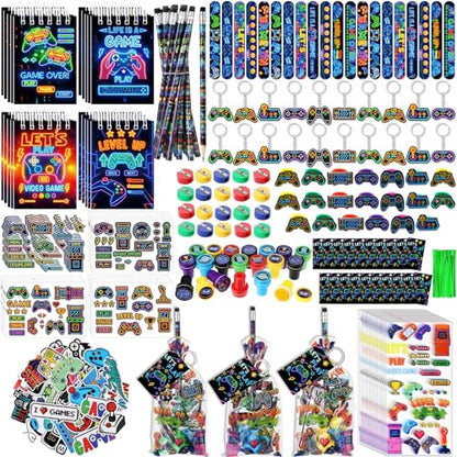 Sayglossy 331 Pcs Video Game Party Favors Set Includes Gift Bags Pencils Notebook Sharpener Slap Bracelets Rings Keychains 3D Puffy Stickers Stamper Gamer Party Favors Birthday (Neon) - style: Neon