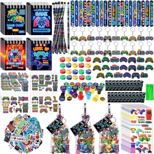 Sayglossy 331 Pcs Video Game Party Favors Set Includes Gift Bags Pencils Notebook Sharpener Slap Bracelets Rings Keychains 3D Puffy Stickers Stamper Gamer Party Favors Birthday (Neon) - style: Neon