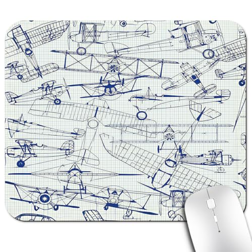 Old Airplane Drawing Mouse Pad, Classic Dated Flight Vintage Jets Desk Mat | Nostalgic Aircraft Retro Blue Design, Anti-Slip Rubber Base, Silky Smooth Surface, Cute Office/Gaming Mousepad - color: Color_CNad
