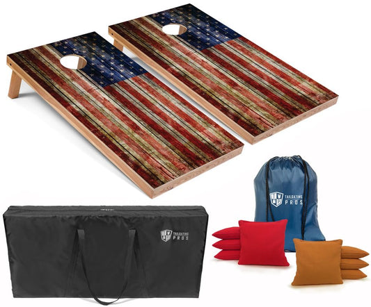 Tailgating Pros American Flag Wooden Plank Design Cornhole Board Set w/Bean Bags and Carrying Case - 4'x2' Corn Hole Toss Game - color: Red / Gold