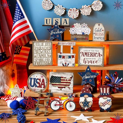 20 Pcs 4th of July Patriotic Tiered Tray Decor Red White and Blue USA Flag Wood Signs Rustic Memorial Day Wooden Tiered Tray Decoration for Independence 250th Anniversary Labor Home Party - style: Vivid Style
