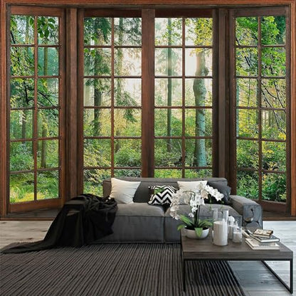 Aidatain Green Forest Natural Tapestry Window Scenery Wall Aesthetic Tapestry for Bedroom Flannel 100" L x 90" W Beach Blanket Living Dinning Room College Dorm Wall Hanging GTDJAT0094 - size: 100"L x 90"W