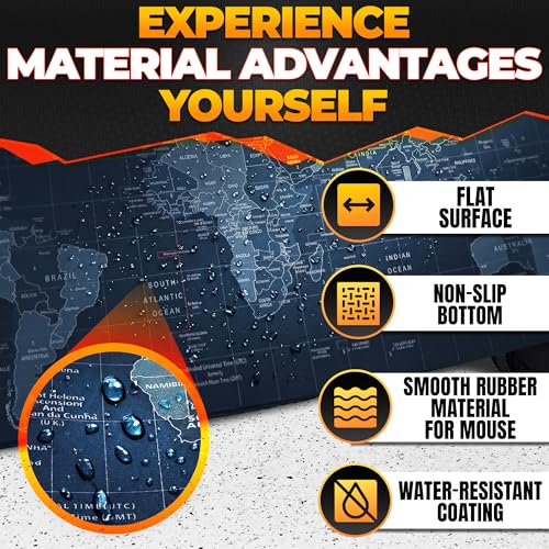 Wide Desk Coverage Full World Map Mouse Pad XL - 35x15.7 World Map Desk Mat Large with Geographical Print Layout - Soft and Water-Resistant Surface, Non-Slip Bottom, Suitable for Games and Work