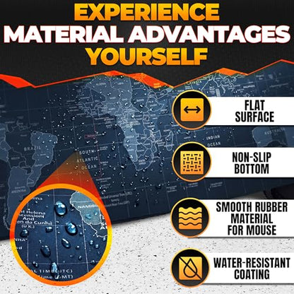 Wide Desk Coverage Full World Map Mouse Pad XL - 35x15.7 World Map Desk Mat Large with Geographical Print Layout - Soft and Water-Resistant Surface, Non-Slip Bottom, Suitable for Games and Work