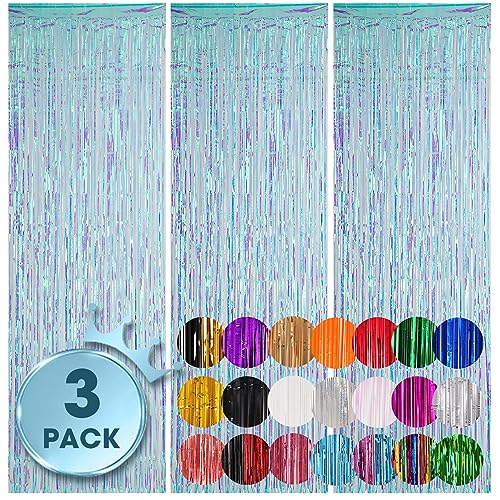 Voircoloria 3 Pack 3.3x8.2 Feet Neon Iridescent Foil Fringe Backdrop Curtains, Tinsel Streamers Birthday Party Decorations, Fringe Backdrop for Graduation, Baby Shower, Gender Reveal, Disco Party - color: 12 Neon Iridescent