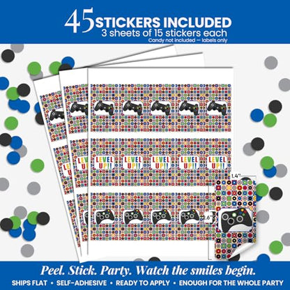 Game On! Video Gamer Birthday Party Mini Chocolate Candy Bar Sticker Wrappers for Kids, 45 1.4" x 2.6" Wrap Around Labels by AmandaCreation, Great for Party Favors