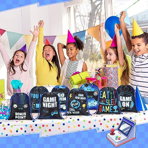 Faccito 16 Pieces Video Game Party Favors Bags 7 x 9.8 Inch Gaming Party Drawstring Bags Bulk Game Theme Goodie Candy Treat Gift for Boys Girls Birthday Supplies, 8 Styles(Blue)