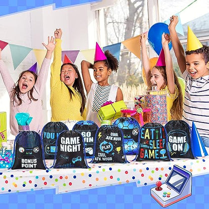 Faccito 16 Pieces Video Game Party Favors Bags 7 x 9.8 Inch Gaming Party Drawstring Bags Bulk Game Theme Goodie Candy Treat Gift for Boys Girls Birthday Supplies, 8 Styles(Blue)