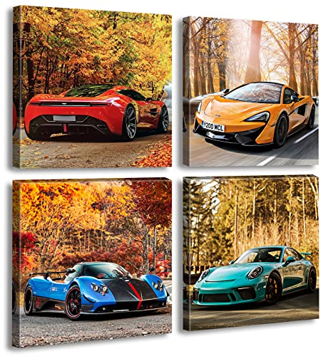 DJSYLIFE Sport Car Wall Art Decor, Autumn Supercar Canvas Print 12×12 Inch | Color Autumn Supercar Print, Boys Bedroom Home Decor, Canvas Wrapped Frame, 4 Panel Set, Ready Hang, Sport Car Wall Art - color: Artwork-a2