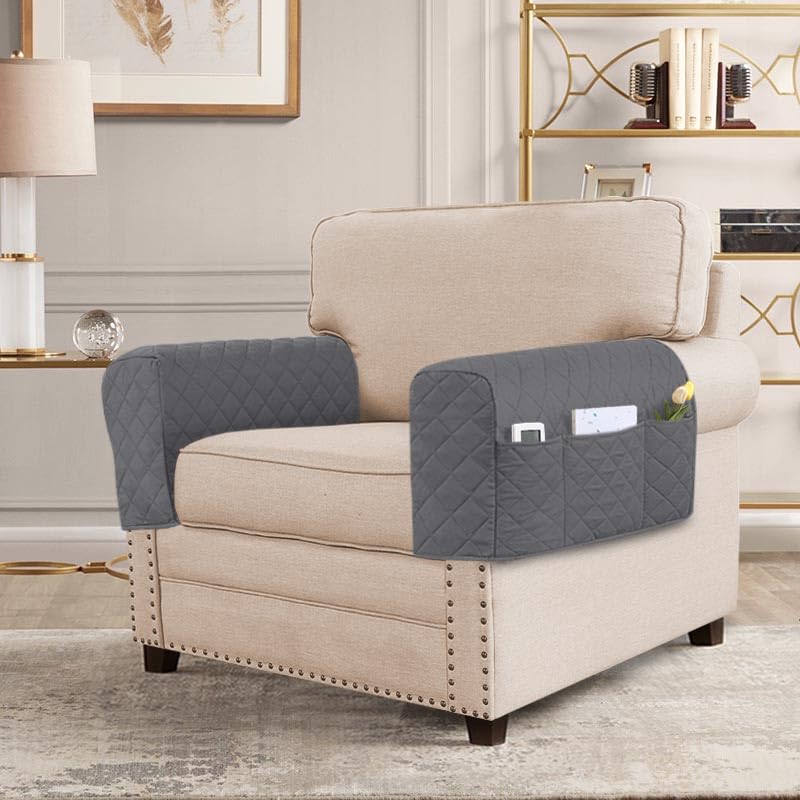 H.VERSAILTEX Couch Arm Covers Water Resistant Armrest Covers for Sofa Remote Control Holder Sofa Armrest Organizer for Magazine, Tablet, Phone, iPad(Set of 2, Gray/Beige) - color: Single Diamond-gray/Beige