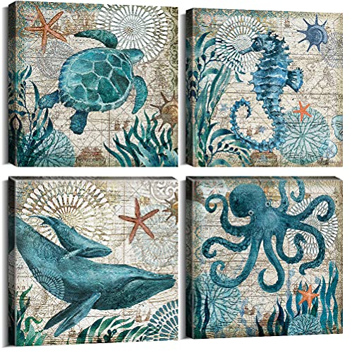 Bathroom Wall Art Beach Decor Ocean Sea Turtle Octopus Canvas Pictures Coastal Room Decor Teal Bathroom Accessories Vintage Whale Seahorse Poster Modern Nautical Painting Bedroom Home Decorations - color: Teal Sea Turtle, size: 12x12in