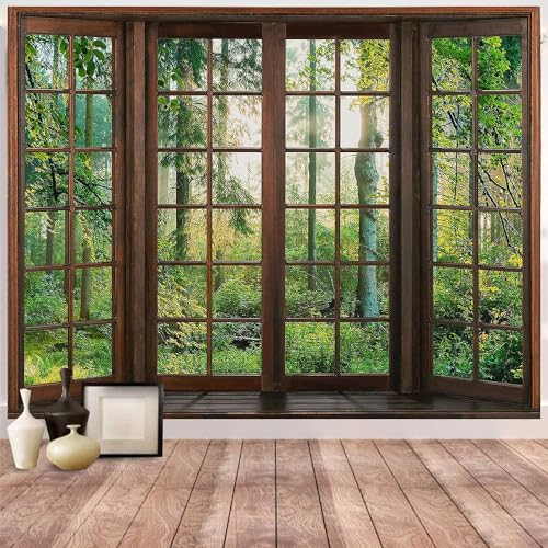 Aidatain Green Forest Natural Tapestry Window Scenery Wall Aesthetic Tapestry for Bedroom Flannel 100" L x 90" W Beach Blanket Living Dinning Room College Dorm Wall Hanging GTDJAT0094 - size: 100"L x 90"W