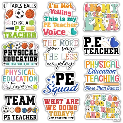 SODAVA (3in) Physical Education Teacher Stickers, PE Teacher Sticker Set of 12 – Funny Physical Education Quotes, Classroom Humor, Appreciation Gift, Waterproof Vinyl Decals - color: Physical Education