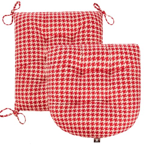 Outdoor Patio Cushion, Rocking Chair Cushion, Tufted Pads, Set of Upper and Lower with Ties Pack of 2 (2 Sets) - Back 20"×17", Seat 17"×17" (Red Houndstooth) - color: Red Houndstooth