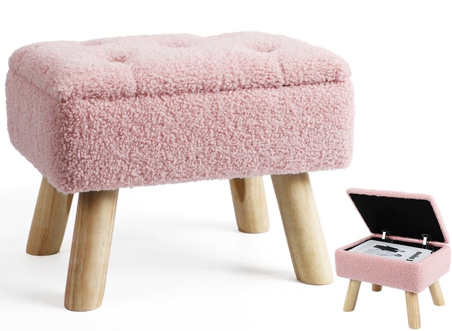 OGEMXU Storage Ottoman, Small Foot Stool Ottoman with Storage, Boucle Teddy Velvet Foot Rest with Padded Seat, Sturdy Wood Legs Stool for Living Room, Bedroom, Couch, Enterway (Pink) - color: Pink