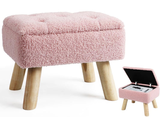 OGEMXU Storage Ottoman, Small Foot Stool Ottoman with Storage, Boucle Teddy Velvet Foot Rest with Padded Seat, Sturdy Wood Legs Stool for Living Room, Bedroom, Couch, Enterway (Pink) - color: Pink
