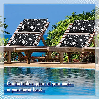 Juexica 2 Pack Chaise Lounge Pillow with Strap Outdoor Waterproof Beach Chair Neck Headrest Pillow Adjustable Elastic Band for Hammock Lumbar Recliner Pillows for Patio Pool Chair(White and Black) - style: White and Black