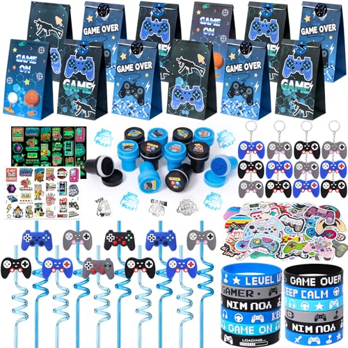 124Pcs Video Game Party Favors for Kids Gamer Birthday Supplies - Controller Straw Paper Bag Stamp Bracelet Glow Sticker Keychain Gaming Sticker, Boy Game On Pinata Filler Goodie Stuffer Decor