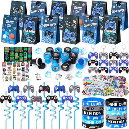 124Pcs Video Game Party Favors for Kids Gamer Birthday Supplies - Controller Straw Paper Bag Stamp Bracelet Glow Sticker Keychain Gaming Sticker, Boy Game On Pinata Filler Goodie Stuffer Decor