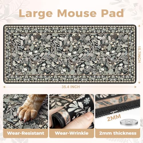 iCasso Black Desk Mat,Big Mouse Pad with Stitched Edges,Gaming Computer Pad for Desktop,Anti-Slip Keyboard Mat for Women Girl,Large Desk Cover Mat for Office Home School - color: A-plant-black