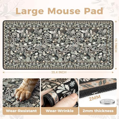iCasso Black Desk Mat,Big Mouse Pad with Stitched Edges,Gaming Computer Pad for Desktop,Anti-Slip Keyboard Mat for Women Girl,Large Desk Cover Mat for Office Home School - color: A-plant-black