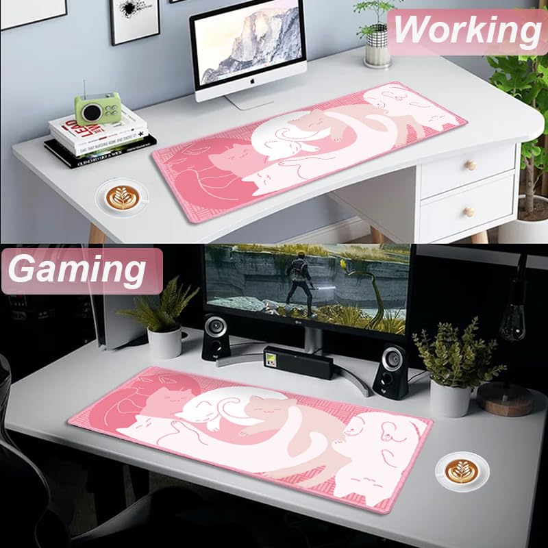 Gaming Mouse Pad XL Extended Anime Mouse Pad 31.5x11.8 inch, Large Cute Kawaii Big Computer Mouse Mat Desk Pad with Non-Slip Rubber Base and Stitched Edge for Home Office-Pink Cat - color: Pink Cat, size: 31.5L x 11.8W inches