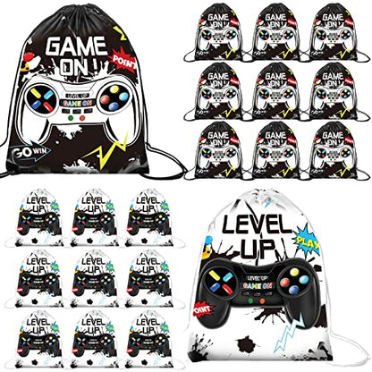 Eccliy 20 Pcs Video Game Party Favor Bags Gamer Birthday Party Drawstring Bags for Kids Boys Girls 12 x 10 Inch Gaming Goodie Treat for Game on Theme Decorations Supplies(Black, White,Vivid Style) - style: Vivid Style