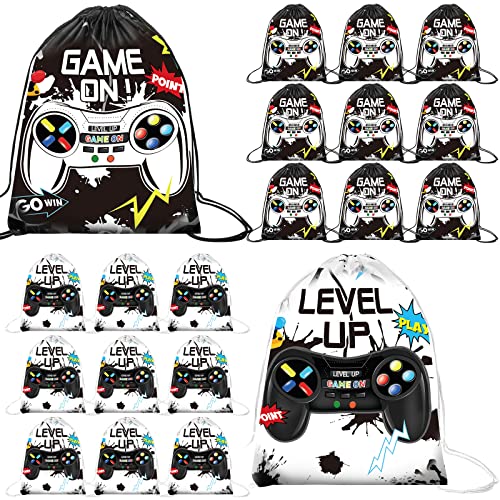 Eccliy 20 Pcs Video Game Party Favor Bags Gamer Birthday Party Drawstring Bags for Kids Boys Girls 12 x 10 Inch Gaming Goodie Treat for Game on Theme Decorations Supplies(Black, White,Vivid Style) - style: Vivid Style