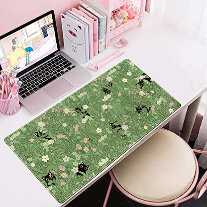 Green Desk Mat XL Cat Cute Plant Cool Desk Pad Keyboard Mat Kawaii Black Cat Flower Mouse Pad Green Desk Mat Desk Decor with Stitched Edges Non-Slip Large Computer Mat 31.5x15.7in - color: B-cat in the Meadow