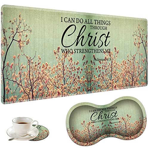 Large Gaming Mouse Pad + Mouse Wrist Rest Pad + Coaster Combination, 31.5 "x 11.8" Durable Non-Slip Extension Table Mat, Suitable for Office and Home, Philippians 4-13 Floral - color: Philippians 4-13 Floral