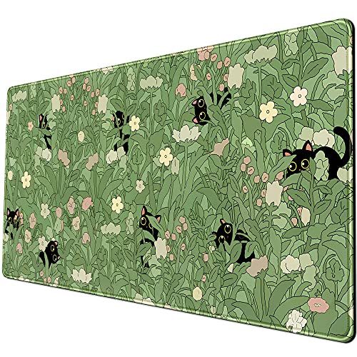 Green Desk Mat XL Cat Cute Plant Cool Desk Pad Keyboard Mat Kawaii Black Cat Flower Mouse Pad Green Desk Mat Desk Decor with Stitched Edges Non-Slip Large Computer Mat 31.5x15.7in - color: B-cat in the Meadow