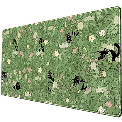 Green Desk Mat XL Cat Cute Plant Cool Desk Pad Keyboard Mat Kawaii Black Cat Flower Mouse Pad Green Desk Mat Desk Decor with Stitched Edges Non-Slip Large Computer Mat 31.5x15.7in - color: B-cat in the Meadow