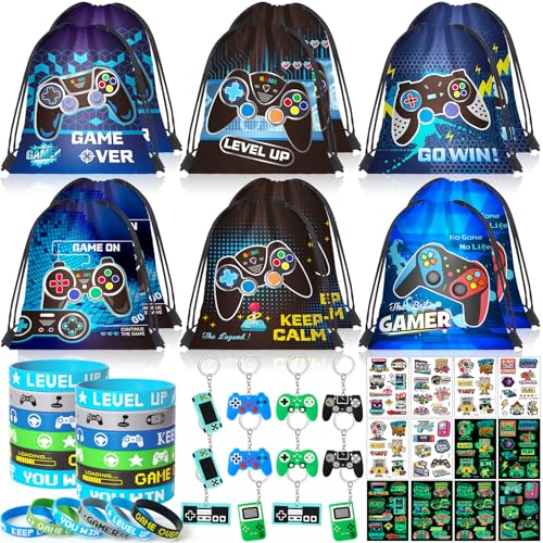 SNLN Video Game Party Favors Birthday Supplies, Gamer Drawstring Bag Keychain Silicone Bracelet Tattoo Sticker, Gamer Gaming Birthday Party Favor Goodie Bag Stuffers Fillers Classroom Rewards for Kids - style: Video Game