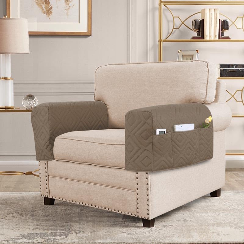 H.VERSAILTEX Armrest Covers for Sofa Water Resistant Couch Arm Covers Remote Control Holder Sofa Armrest Organizer for Magazine, Tablet, Phone, iPad(Set of 2, Taupe/Beige) - color: Double Diamond-taupe/Beige