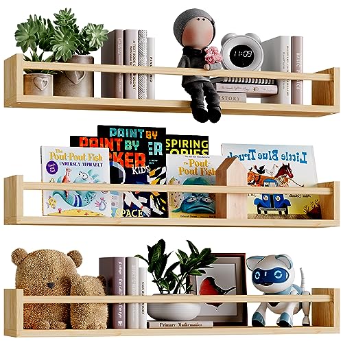 Fixwal Nursery Book Shelves, 23.6 Inch Floating Bookshelves for Wall Set of 3, Baby Nursery Decor, Solid Wood Wall Mounted Shelves for Books, Toys and Decor Storage (Natural Wood) - color: Natural, size: 23.6inches