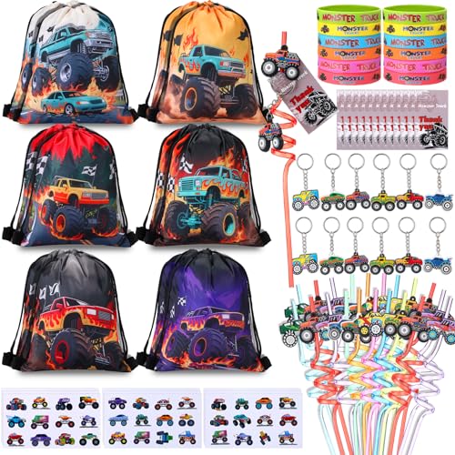 LemonRoad 73 Pcs Monster Truck Party Favors Set Birthday Supplies Includes Drawstring Bags Backpack Keychains Bracelets Stickers Straws Tags for Birthday Party Favors Rewards Gifts - style: Monster Truck