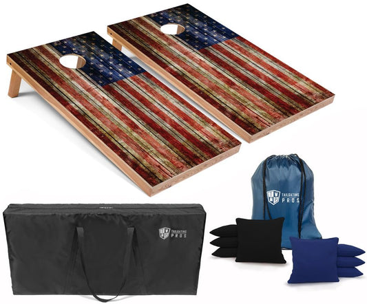 Tailgating Pros American Flag Wooden Plank Design Cornhole Board Set w/Bean Bags and Carrying Case - 4'x2' Corn Hole Toss Game - color: Black / Royal