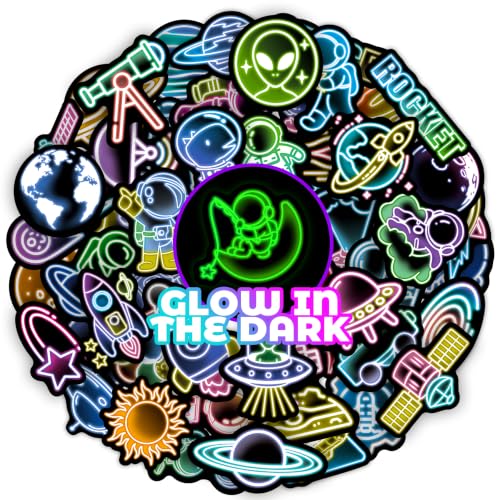 50 Pcs Glow in The Dark Neon Space Water Bottle Stickers | Cartoon Astronaut Planet, Laptop Decals, Waterproof Vinyl, Phone Case Luggage Scrapbook Guitar DIY Decor - color: Luminescent-475kscp