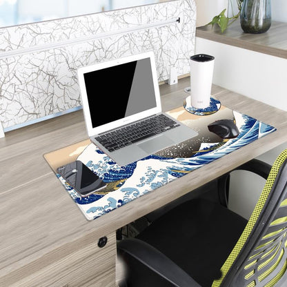 Gaming Mouse Pad Japanese Sea Wave Mousepad 24x12 Desk Pad XL Ocean Desk Mat Long Extended Computer Mat Non Slip Base Big Mouse Mat for Wireless Mouse Laptop Office - color: Sea Wave, size: 24''X12''