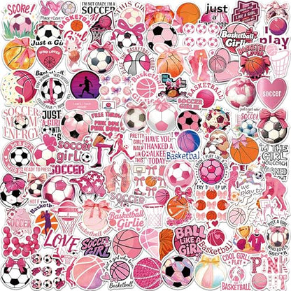 DETICKERS Pink Sports Stickers for Girls Kids Water Bottles 100 PCS Waterproof Vinyl Coquette Stickers Gifts for Teen Girls - style: Pink Soccer & Basketball