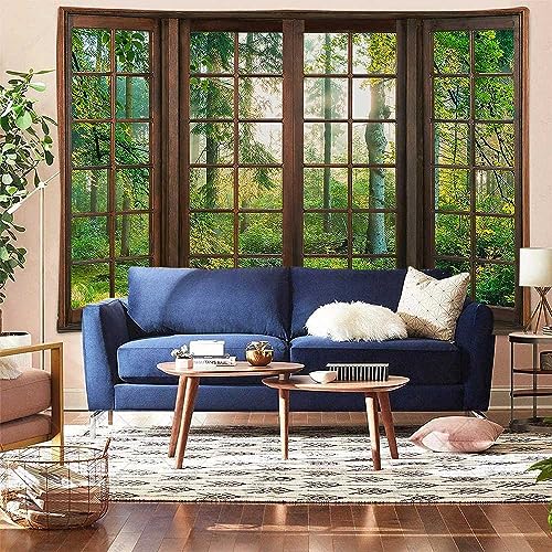 Aidatain Green Forest Natural Tapestry Window Scenery Wall Aesthetic Tapestry for Bedroom Flannel 80" L X 60" W Beach Blanket Living Dinning Room College Dorm Wall Hanging GTDJAT0052 - size: 80"L x 60"W