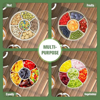 Divided Serving Tray with Lid and Handle, Portable Snackle Box for Veggie, Fruit Snacks Organizer, Clear Snack Spinner Container for Outdoor, Kitchen, Party, Travel