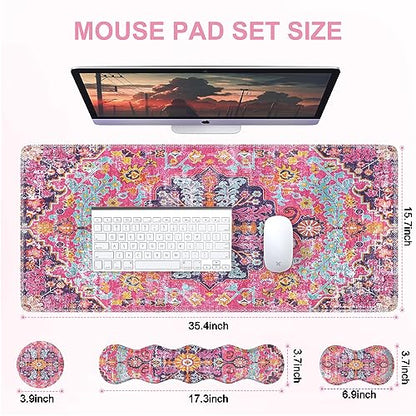 iLeadon Desk Mat Set, Mouse Pad with Wrist Rest + Keyboard Wrist Rest + Large Mouse Pad + Coaster, 4in1 Rug Large Gaming Mouse Pad Set for Home Office, Boho Retro Art - color: Boho Retro Art