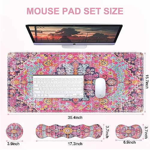 iLeadon Desk Mat Set, Mouse Pad with Wrist Rest + Keyboard Wrist Rest + Large Mouse Pad + Coaster, 4in1 Rug Large Gaming Mouse Pad Set for Home Office, Boho Retro Art - color: Boho Retro Art