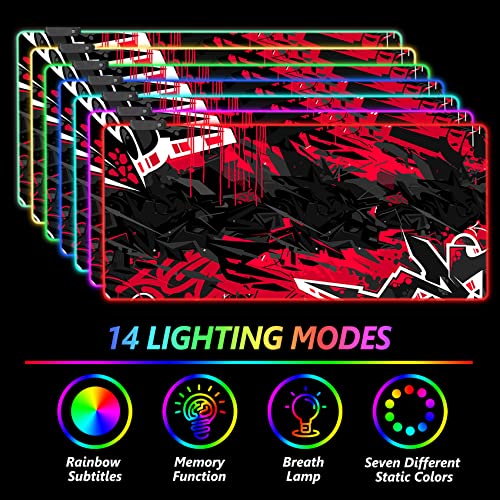 AIMSA Large RGB Gaming Mouse Pad, Keyboard Mousepad Led Extended 35.4 x 15.8 inch Non-Slip Rubber Base with 14 Lighting Modes, Big Desk Mat Waterproof, Red Black - color: Red Black