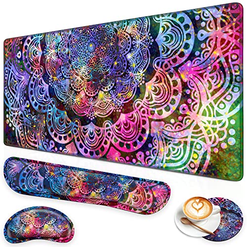Canjoy Gaming Mouse Pad Set, 4-in-1 XXL Large Mouse Pad + Keyboard Wrist Rest Support+ Coaster, (35.4×15.7 in) Extended Desk Pad Memory Foam Non-Slip Desk Mat for Home Office - color: Purple Mandala