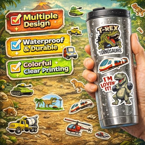 DETICKERS Cute Dinosaur Stickers for Kids 3-8 Boys Water Bottles 75 PCS Waterproof Vinyl Gifts for Teen Boys Stickers - style: Dinosaur