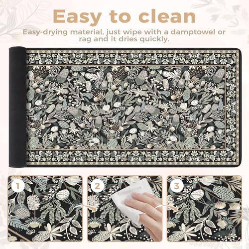 iCasso Black Desk Mat,Big Mouse Pad with Stitched Edges,Gaming Computer Pad for Desktop,Anti-Slip Keyboard Mat for Women Girl,Large Desk Cover Mat for Office Home School - color: A-plant-black