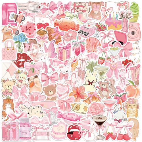 100PCS Coquette Stickers, Cute Vinyl Laptop Stickers, Pink Coquette Aesthetic Stickers Decal, Pink Sticker Pack for Girls Water Bottles Laptop Computer Phone Guitar - color: Girly Stickers