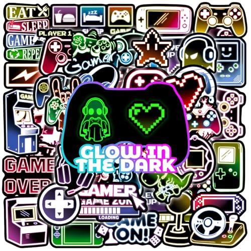 50 Pcs Glow in The Dark Neon Game Stickers for Water Bottle, Cartoon Gamer Video Gaming Sticker, Vinyl Waterproof Laptop Decals for Teens Students Adults - color: Luminescent-474ksxx